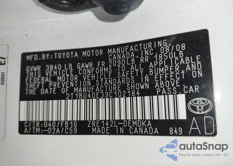 2009 Toyota Corolla из США, поврежденный, VIN 2T1BU40E39C102184